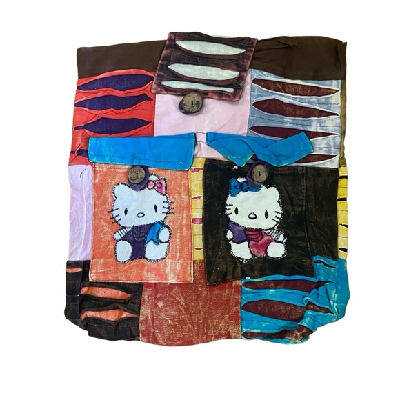 HELLO Kitty style burlap Kantha bohemian patchwork knapsack backpack Large - Picture 5 of 16